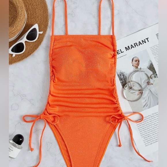 SHEIN Other - Shein Orange Ribbed Shiny One Piece Bathing Suit
